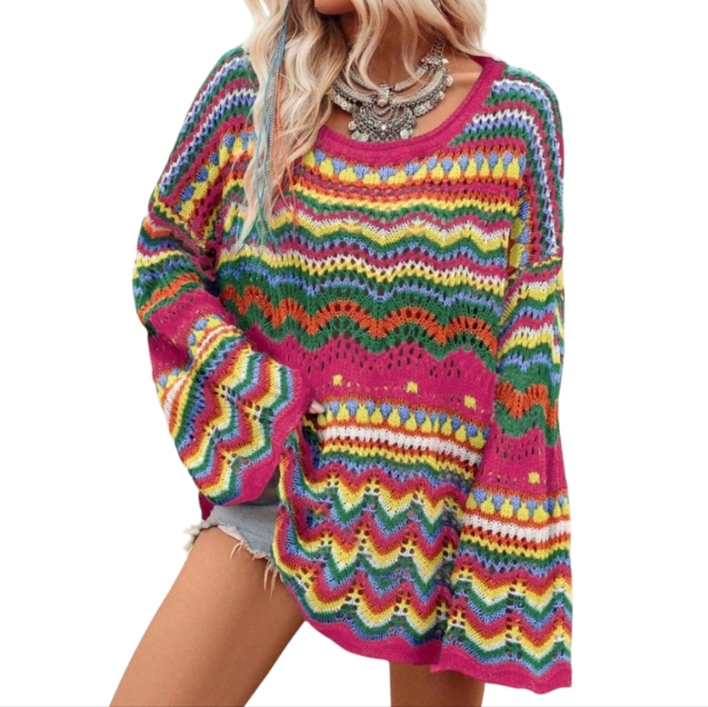 NEW Red Rainbow Multicolor Striped Hollowed Knit Women's Sweater Loose Sleeve M - Picture 2 of 7